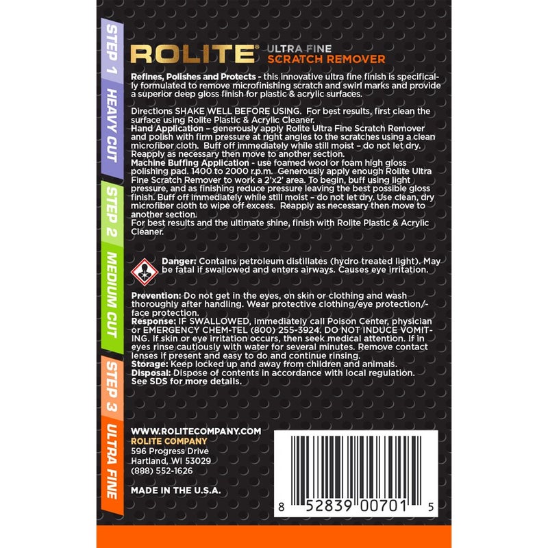 Rolite Ultra Fine Scratch Remover (8 fl. oz.) for Plastic & Acrylic Surfaces Including Marine Strataglass & Eisenglass, Headlights, Aquariums - Image 1